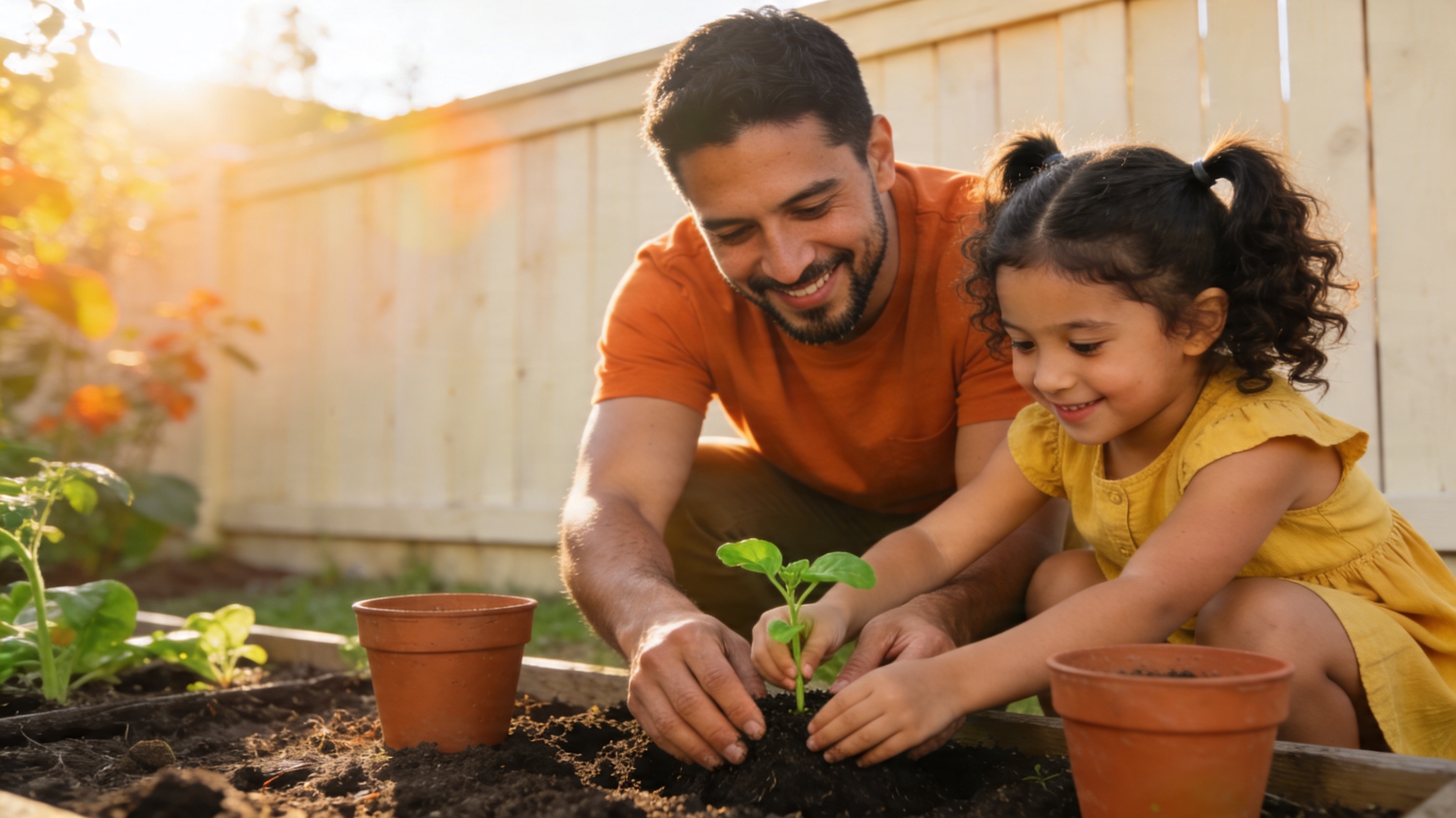 Parent and child planting a seedling together